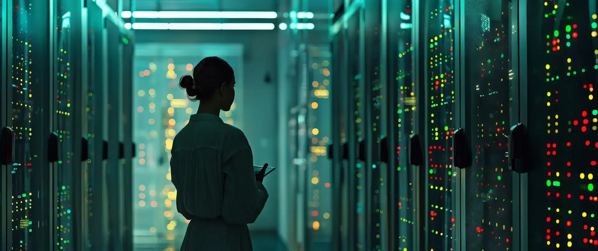 Person observing illuminated server racks