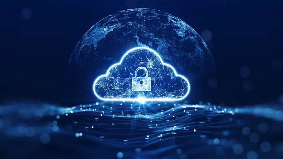 Digital cloud with security lock symbol